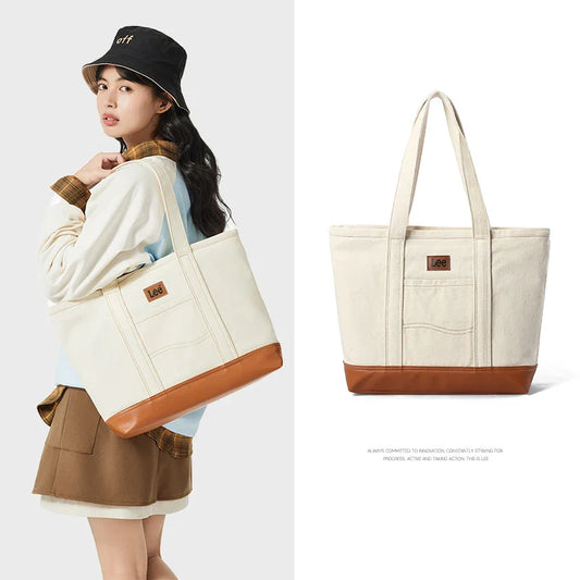 Unisex Utility Canvas Leather Zipper Tote Bag Casual Denim Daily Shopping Handbag Women Man Durable Student School Book Bag