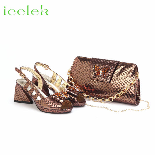 Hot Selling Purple Color Rhinestone Decoration Style Peep Toe High Heels Lady Shoes and Bag Set for Party Wedding