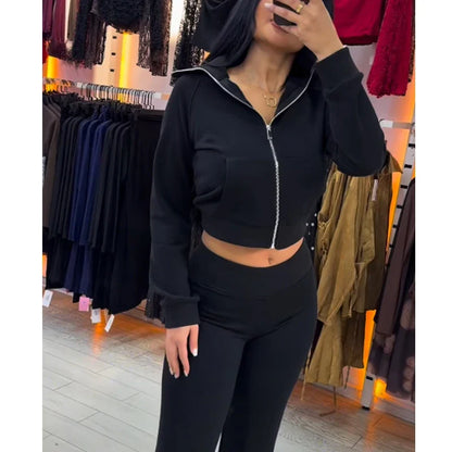 Women's Suits Flare Pants Sets 2 Piece Set Fleece Elastic Waist Trouser Suit Cropped Sweatshirts Jacket Two-Piece Set