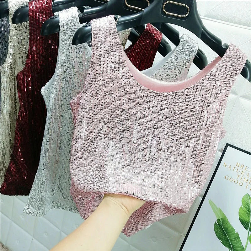 Sparkling Sequins Round Neck Vest Women's Outer Wear 2022 Summer New Bright Silk Fashion Glitter Bottoming Shirt Suspender Top