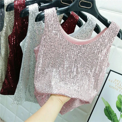 Sparkling Sequins Round Neck Vest Women's Outer Wear 2022 Summer New Bright Silk Fashion Glitter Bottoming Shirt Suspender Top