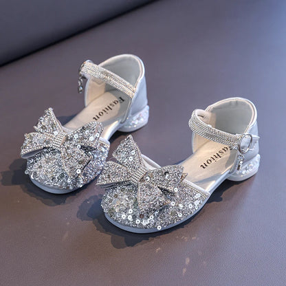 2025 Children's Crystal Princess Shoes bow Tie stylish summer new girls' head-wrapped sandals small high heels performance shoes