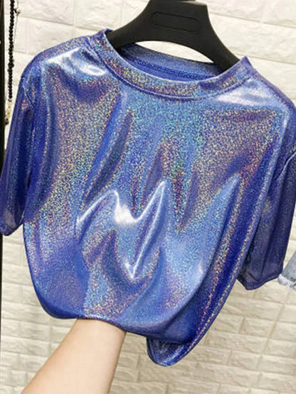 Summer woman tops shiny loose short sleeve t-shirt sexy club aesthetic harajuku women stylish bright silk tshirt