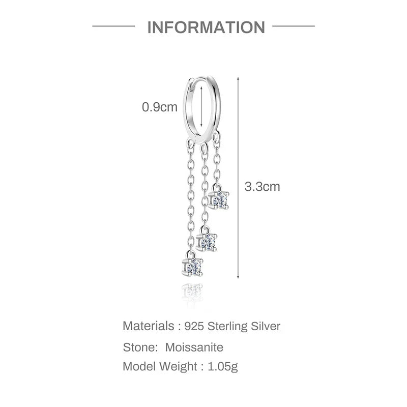 Tassel 3 Gems Certified All Moissanite Drop Earrings D Color Bridal Wedding Jewelry Brilliant Cut S925 Sterling Silver