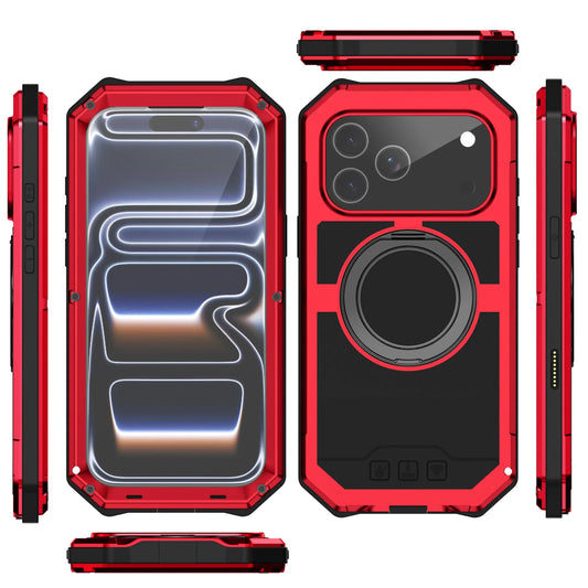 Metal Bracket Magnetic Aluminum Case For iPhone 17 Pro Max Built-in Kickstand Glass Screen Protection Screws Bumper Cover