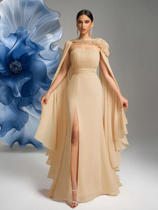 Women's Tube Top Floating Piece Sleeve Three - Dimensional Flower Slit Evening Dress