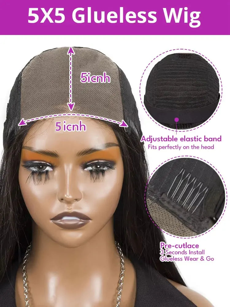 5x5 Kinky Straight Glueless Wigs Pre Cut Lace Kinky Straight Lace Front Wig  Yaki Straight Human Hair Wig For Woman 250% Density