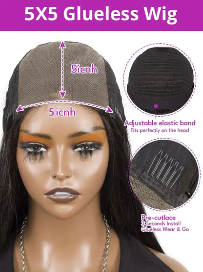 5x5 Kinky Straight Glueless Wigs Pre Cut Lace Kinky Straight Lace Front Wig  Yaki Straight Human Hair Wig For Woman 250% Density