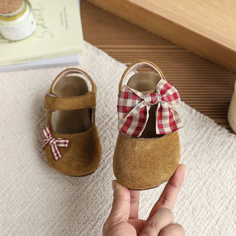 New Summer Kids Baotou Sandals 23-34 Size Sweet Checkered Bow Girls Princess Shoes Soft Sole Children Nude Shoes