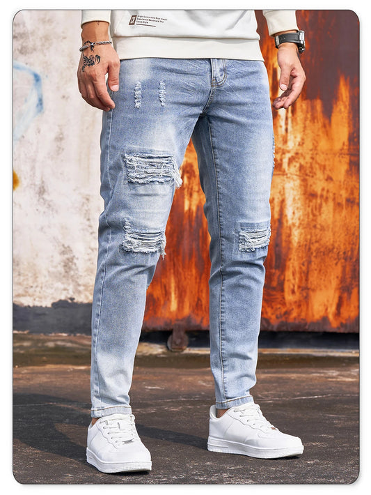Men's Blue Elastic Skinny Jeans Vintage Hole Washed Solid Color Denim Pants Men's Casual and Fashionable Pencil Pants Street