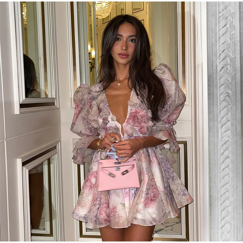 Fashion Flower Printed Ruffles Mini Dress For Women Chic Chiffon Bodycon High Waist Vestidos 2025 Lady Vacation Street Gowns New
