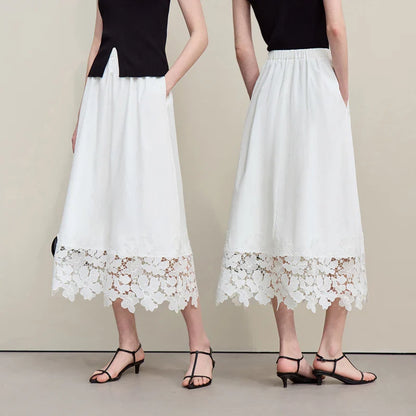 Women's Skirt 2026 Summer New Elastic Waist Cutout Lace Hem Midi Casual Loose Fit Floral Trim Skirt For Women 12622106