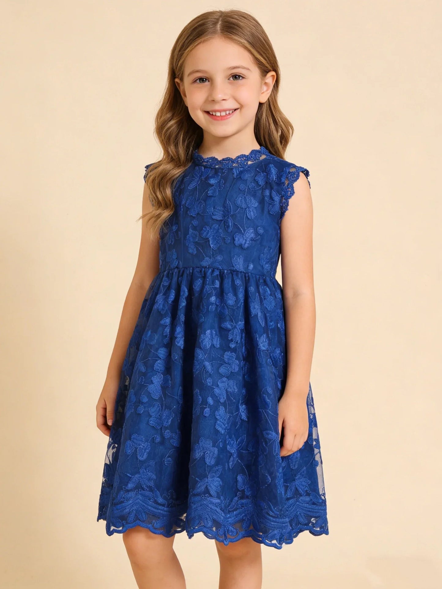 Summer Girl's Trendy Sleeveless Flower Embroidery Princess Dress Party Gown Lace Tulle Skirt Dress