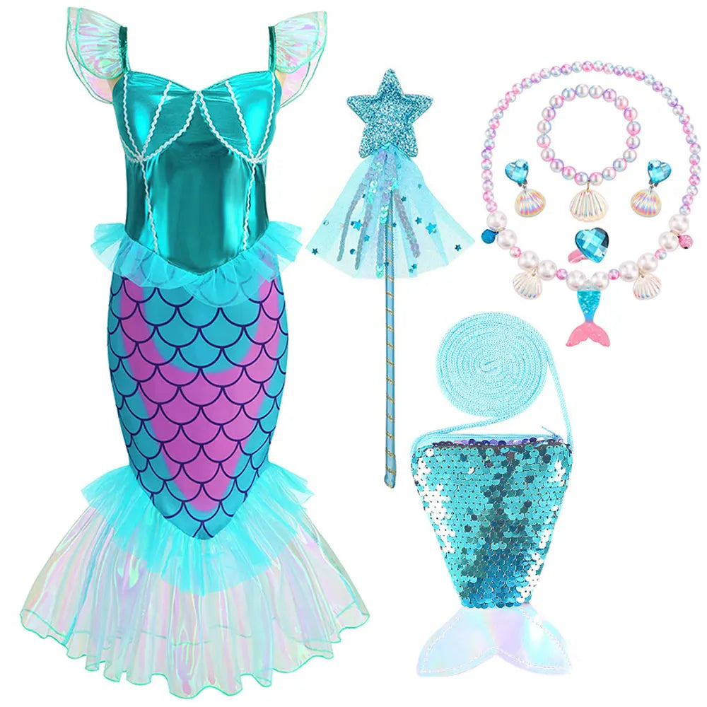 Blue Red Purple Three Colors Mermaid Flying Sleeve Fishtail Beautiful Dress For Girl Summer Beach Party Cool Swimsuit Set