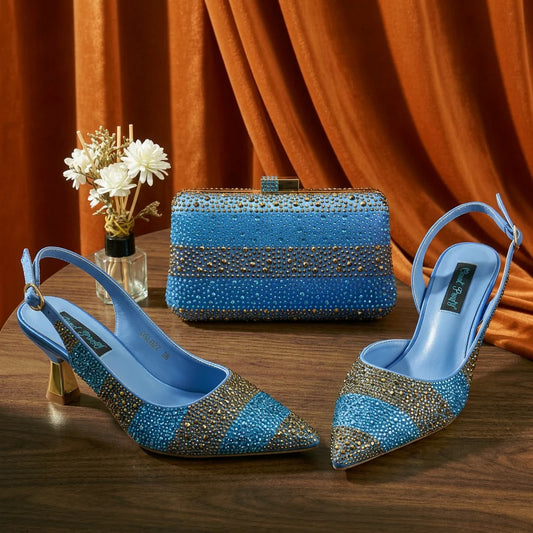 Italian Design Stylish And Elegant Sky Blue Rhinestone Embellished Satin Pointy Toe Pumps And Clutch Bag
