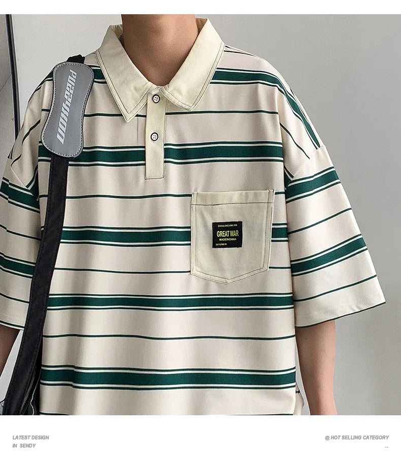 2024 New Summer Men POLO Shirt Trend Loose Clothing Students Short-sleeved T Shirt Tops Round Neck Five-quarter Sleeve Harajuku