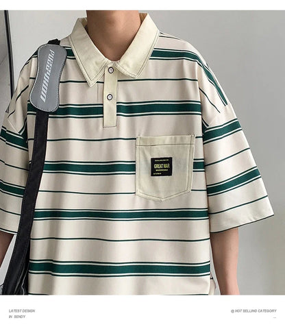 2024 New Summer Men POLO Shirt Trend Loose Clothing Students Short-sleeved T Shirt Tops Round Neck Five-quarter Sleeve Harajuku