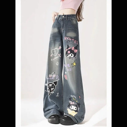 American Style Y2K Hello Kitty Denim Pants Sanrios Anime Girls Jeans Kawaii New Women Summer Cat Embroidered Slim Straight Pants