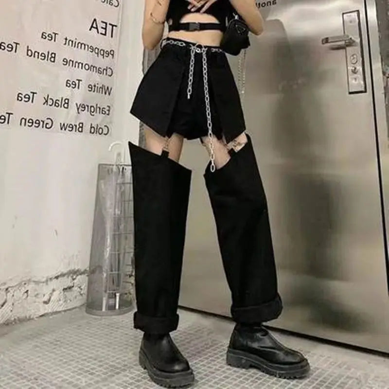 High Street Straight Fake Two Ripped Jeans