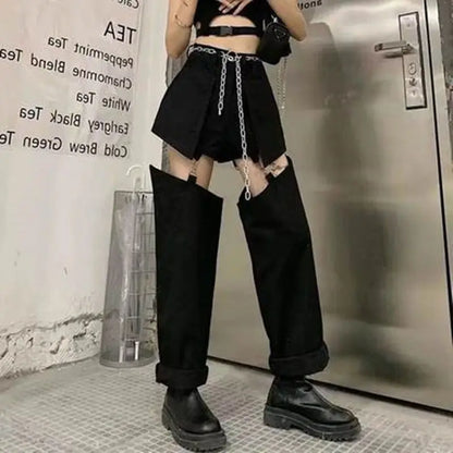 High Street Straight Fake Two Ripped Jeans