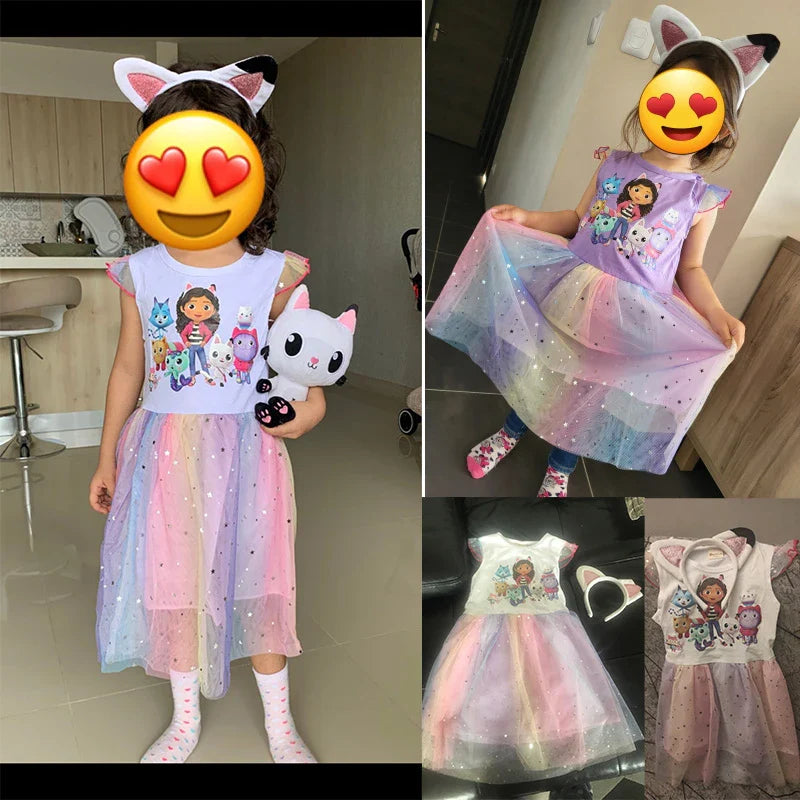 2PCS Baby Girl Princess Dresses + Headband Cartoon Gabby Cats for Kids Clothes Cosplay Costume Children Fly Sleeve Casual Dress
