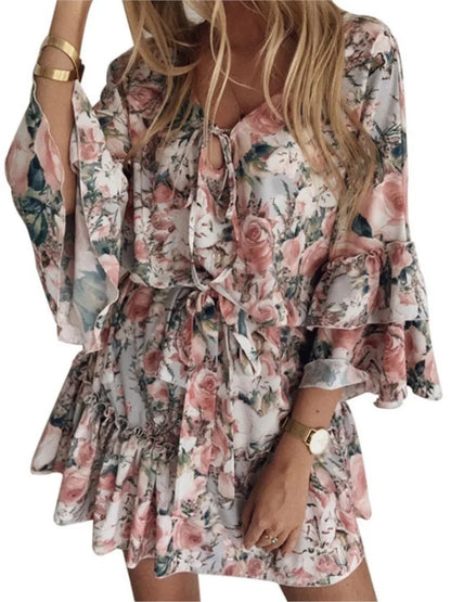 Spring Summer New Fashionable Printed Dress Sexy V-neck Lace Up Flared Sleeve Lace Up Mid Waist Pleated Short Dress