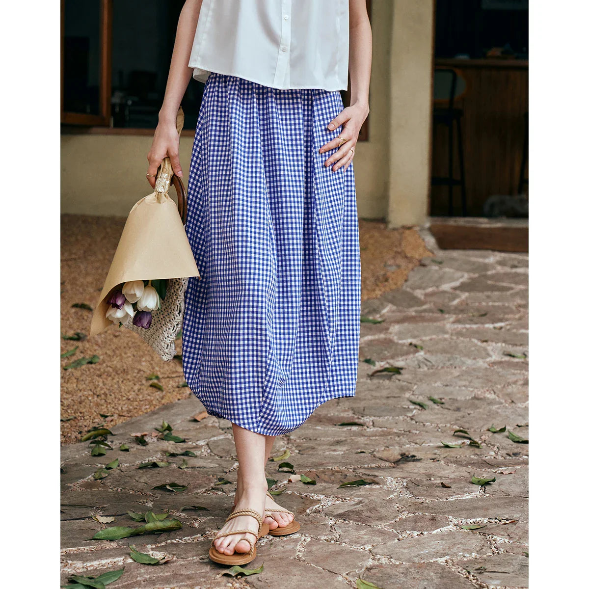 Women's Summer 2026 Midi Elastic Waistband Skirt Elegant Office Ladies Blue Plaid BUD Skirt Female Clothes O57XB99598