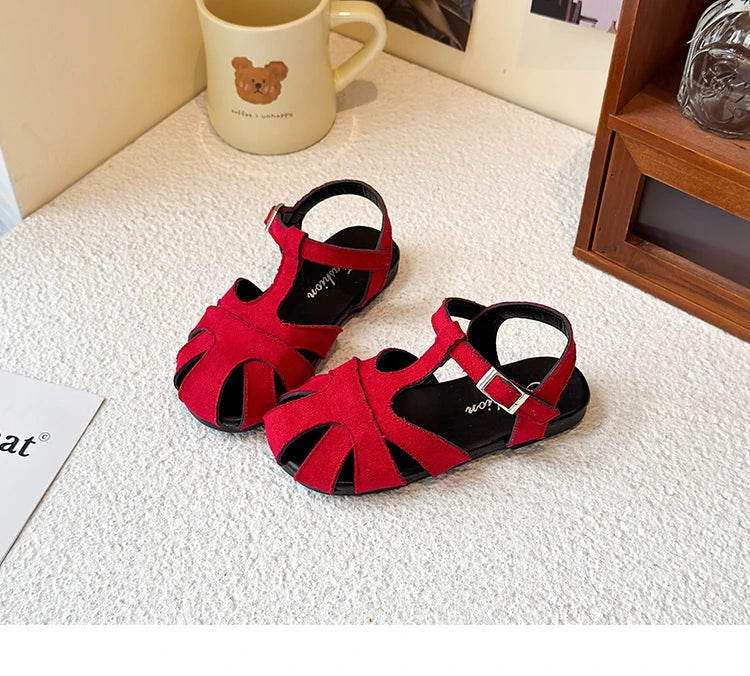 Kids Leather Cage Sandals for Girls 2025 Summer New Toddler Beach Shoes Non-slip Princess Elegant Retro Kid Garden Wedding Flats