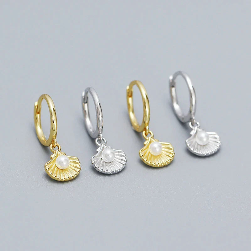 925 Sterling Silver Romantic Sea Shell Pendant Synthetic Pearl Drop Earrings for Women Trendy Beach Bohemian Part Jewelry
