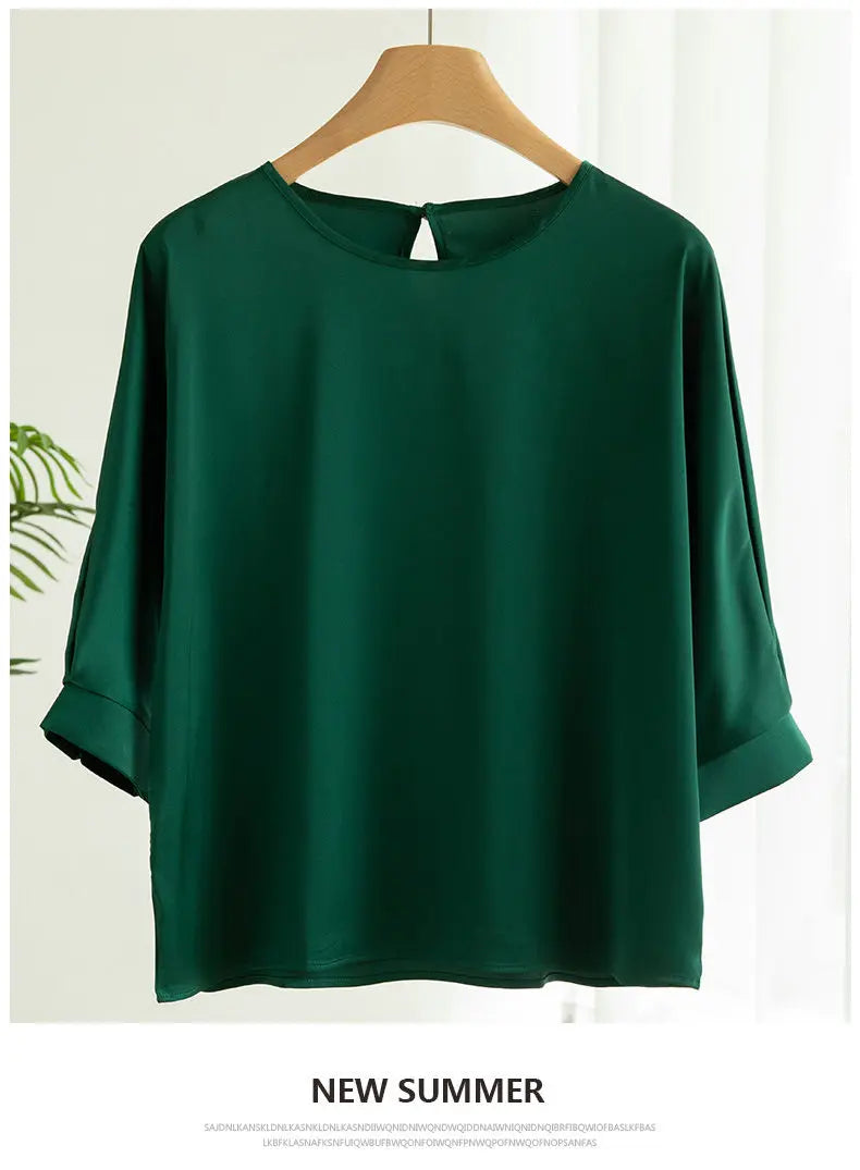 2026 New In Summer Satin Silk Half-Sleeve Tee Tops Basic Solid Women‘s T-Shirt Casual O-neck Thin Shirts Ladies Loose Blouses