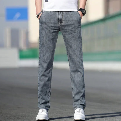 Summer New Men's Loose Stretch Gray Jeans Fashion Casual Stretch Straight-leg Denim Pants Male Light Blue Brand