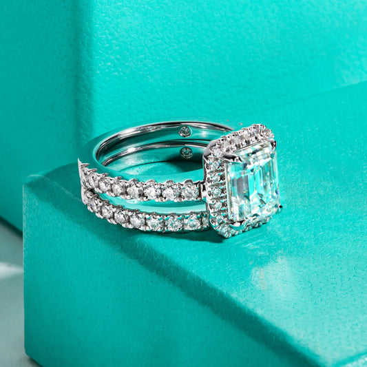 3ct Emerald Cut D Color Moissanite Halo Bridal Ring Set Vintage Wedding Band Silver Rings With Cer Jewelry for Women