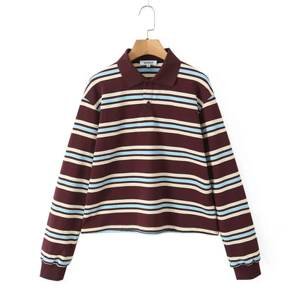 2025 Summer Ladies Polo Shirts Woman Long Sleeve Crop Top Striped Vintage Clothes Polo Shirts Mujer Streetwear Casual Tops Brown