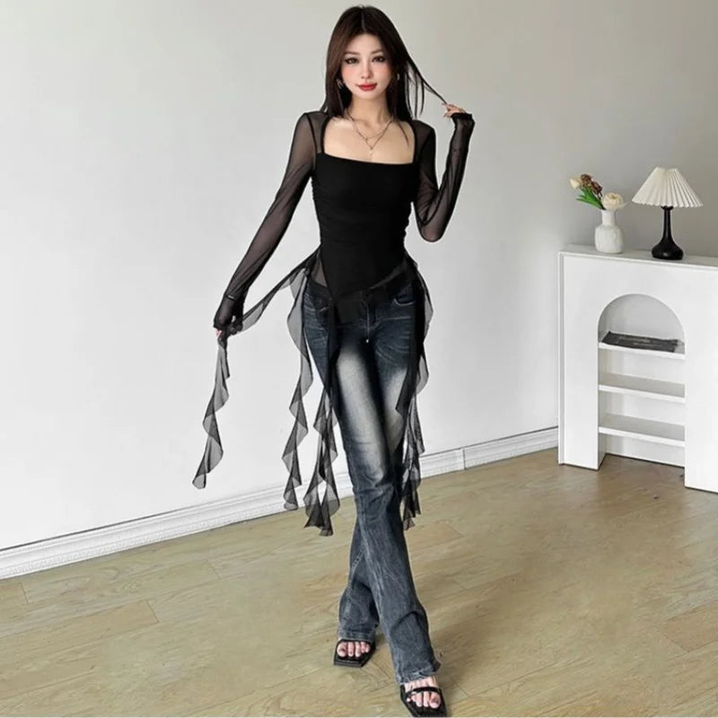 Long Sleeve Sexy T-Shirts Fashion Women Y2K Irregular Asymmetrical Korean Crop Tops Casual Sheer Mesh Autumn Chic Tees
