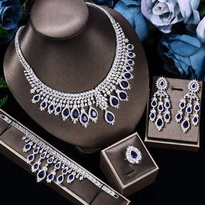 Luxury Elegant 4 PCS Necklace Earrings Bracelet Ring for Noble Luxury Women Bridal Wedding Party Show Jewelry Sets