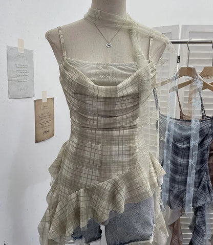 Y2K Plaid Camisole for Women Summer Casual Lace Scarf Breathable Stretch Mesh Patchwork Asymmetrical Ruffle Slim Tops