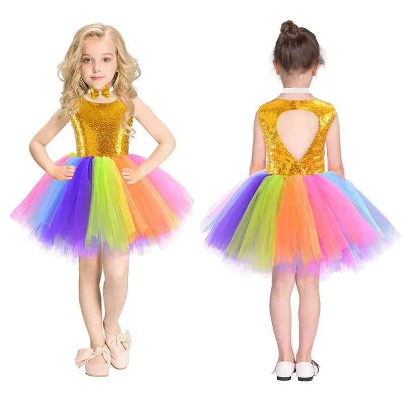 Summer Princess Dress Dance Performance Dress Birthday Dress Rainbow Sequin Fluffy Dress Girl's Children's Clothing Prom Dresses
