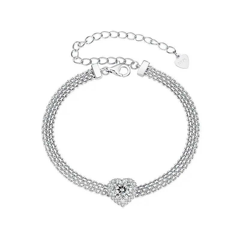 Solid 925 Sterling Silver 4mm Mesh Link Chain Bracelet, White Gold Plated Heart Moissanite Woven Bracelet for Women