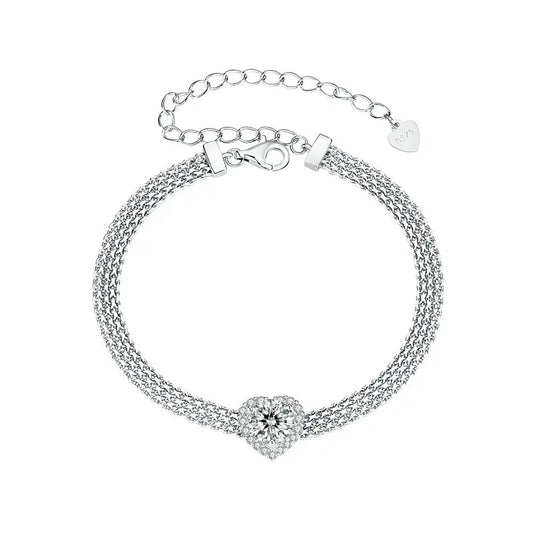 Solid 925 Sterling Silver 4mm Mesh Link Chain Bracelet, White Gold Plated Heart Moissanite Woven Bracelet for Women