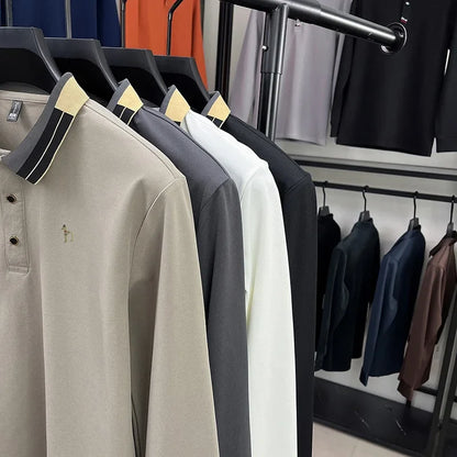Original Design Men's Lapel Polo Shirt Autumn New Solid Color Print Long Sleeve T-Shirt High-End Business Leisure Men's Clothing