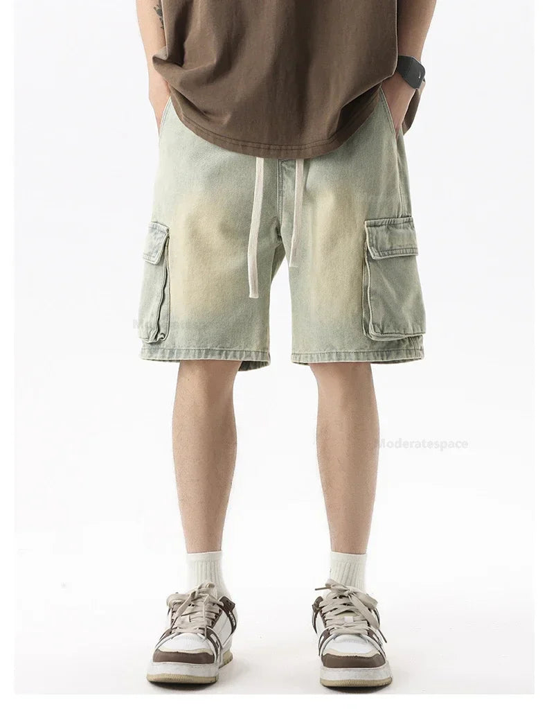 Summer Retro Fashion Denim Shorts for Men Loose Straight Leg Multi-pocket Short Jeans With Elastic Waist and Drawstring Male
