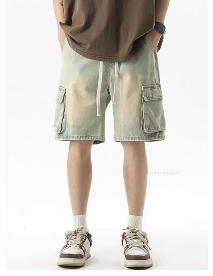 Summer Retro Fashion Denim Shorts for Men Loose Straight Leg Multi-pocket Short Jeans With Elastic Waist and Drawstring Male
