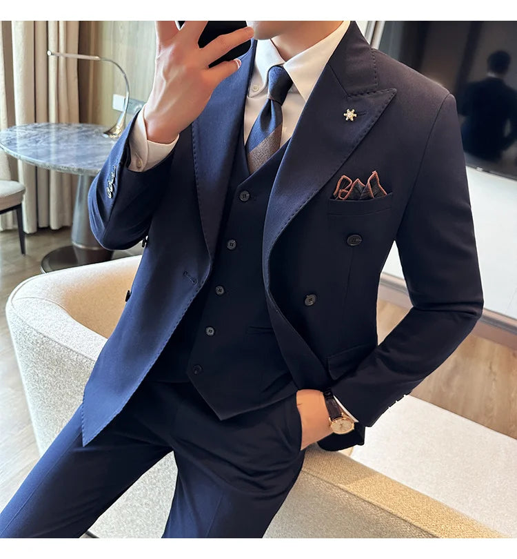 (Jackets+Pants) Luxury Double Breasted Design Slim Fit Suit High Quality Fashion Men's Wedding Social Suit Tuxedo 2 Piece Set