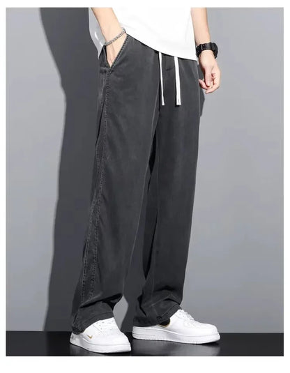 2025 New Summer Soft Lyocell Fabric Men's Jeans Thin Loose Straight Pants Drawstring Elastic Waist Korea Casual Trousers