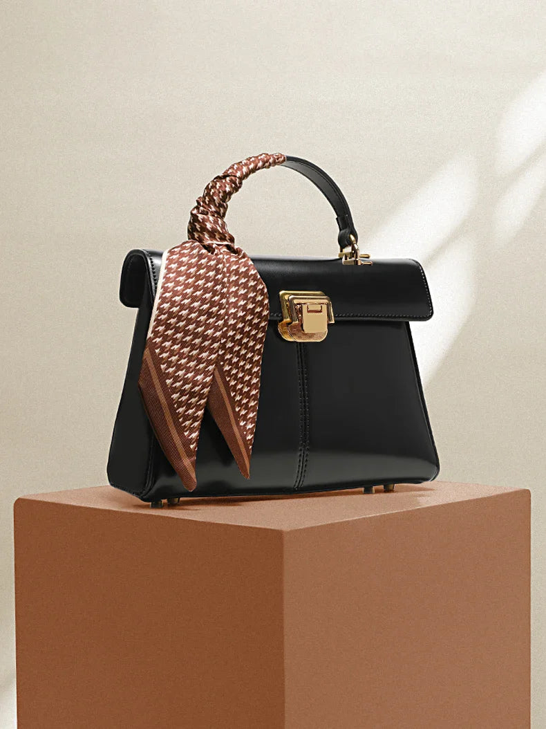 Genuine Leather Handbag with Scarf | Luxury Designer Trendy Shoulder Bag Solid Color Commuting Bag | bags for women gift