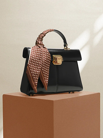 Genuine Leather Handbag with Scarf | Luxury Designer Trendy Shoulder Bag Solid Color Commuting Bag | bags for women gift
