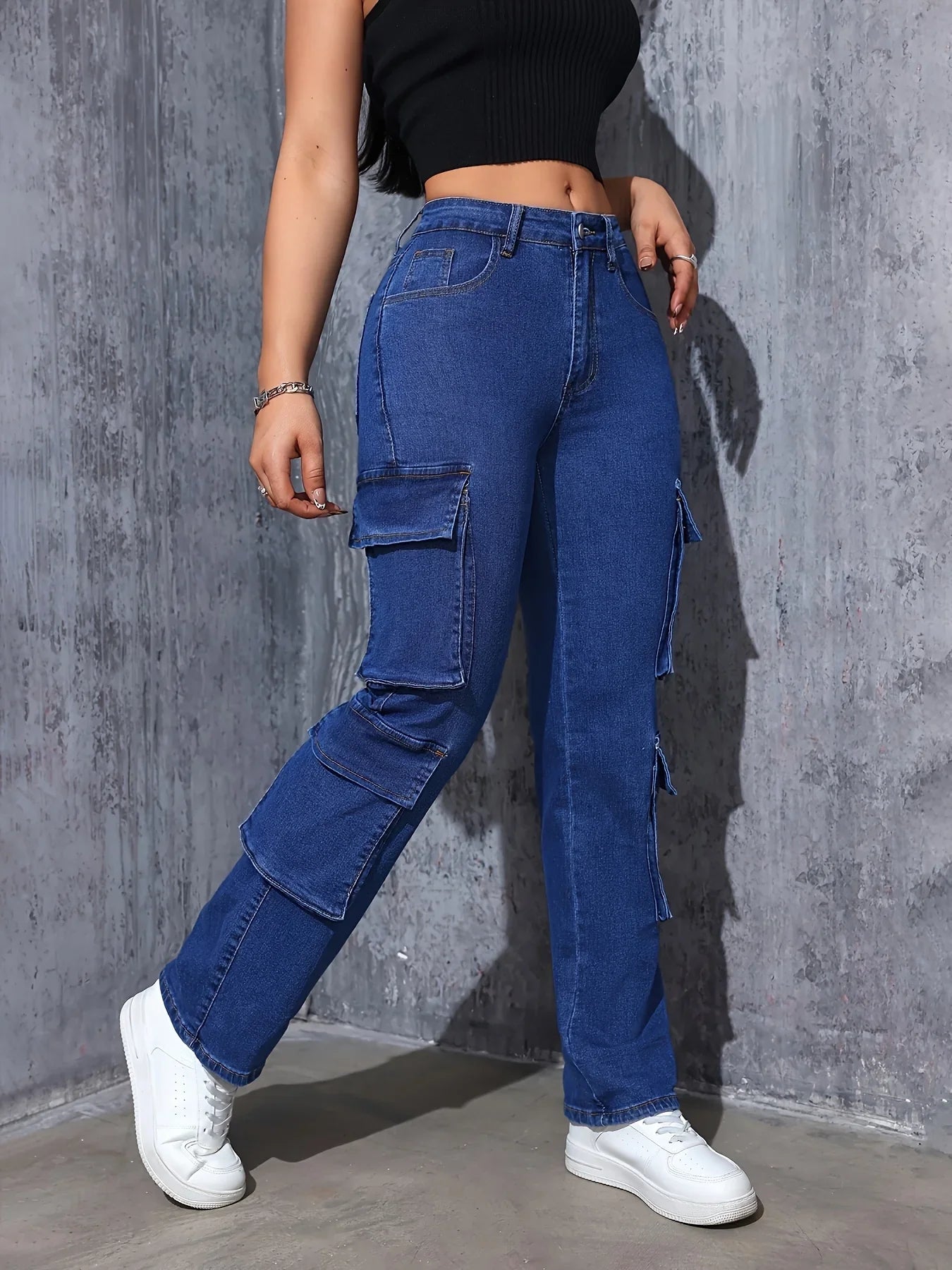 Women's work pants straight leg jeans with multiple pockets, super elastic straight leg casual retro high waisted comfortable st