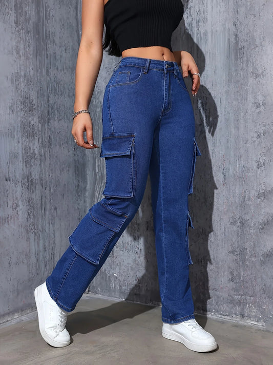 Women's work pants straight leg jeans with multiple pockets, super elastic straight leg casual retro high waisted comfortable st