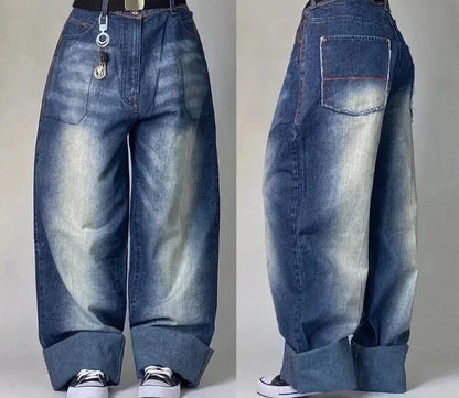 Streetwear New Vintage Letter Printing Washed Baggy Jeans Women Y2K Harajuku Hip Hop Popular Gothic High Waist Wide Leg Pants