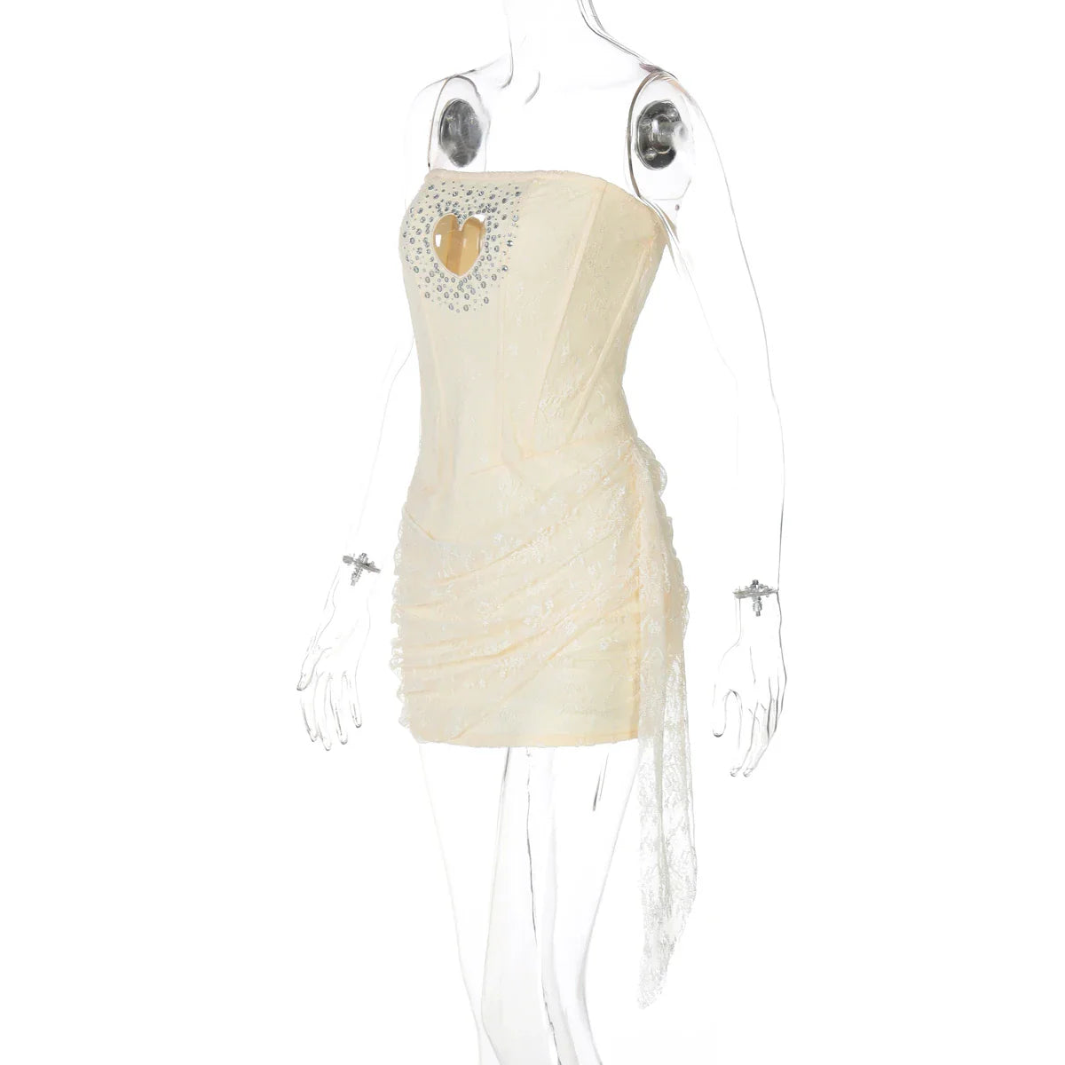 Fashion Sequined Strapless Heart Shape Hole Sexy Zipper Patchwork Mesh Mini Dress Summer Outfits Birthday Festival